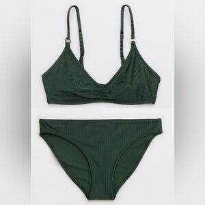 NWT Aerie FULL SET Beach Babe Shine Rib Voop Top + Full Coverage Bottom Sycamore